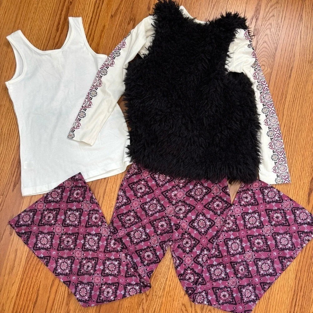 Belle Du Jour Faux Fur Vest / long sleeve Tee / tank / flare legging 4 Pcs sets